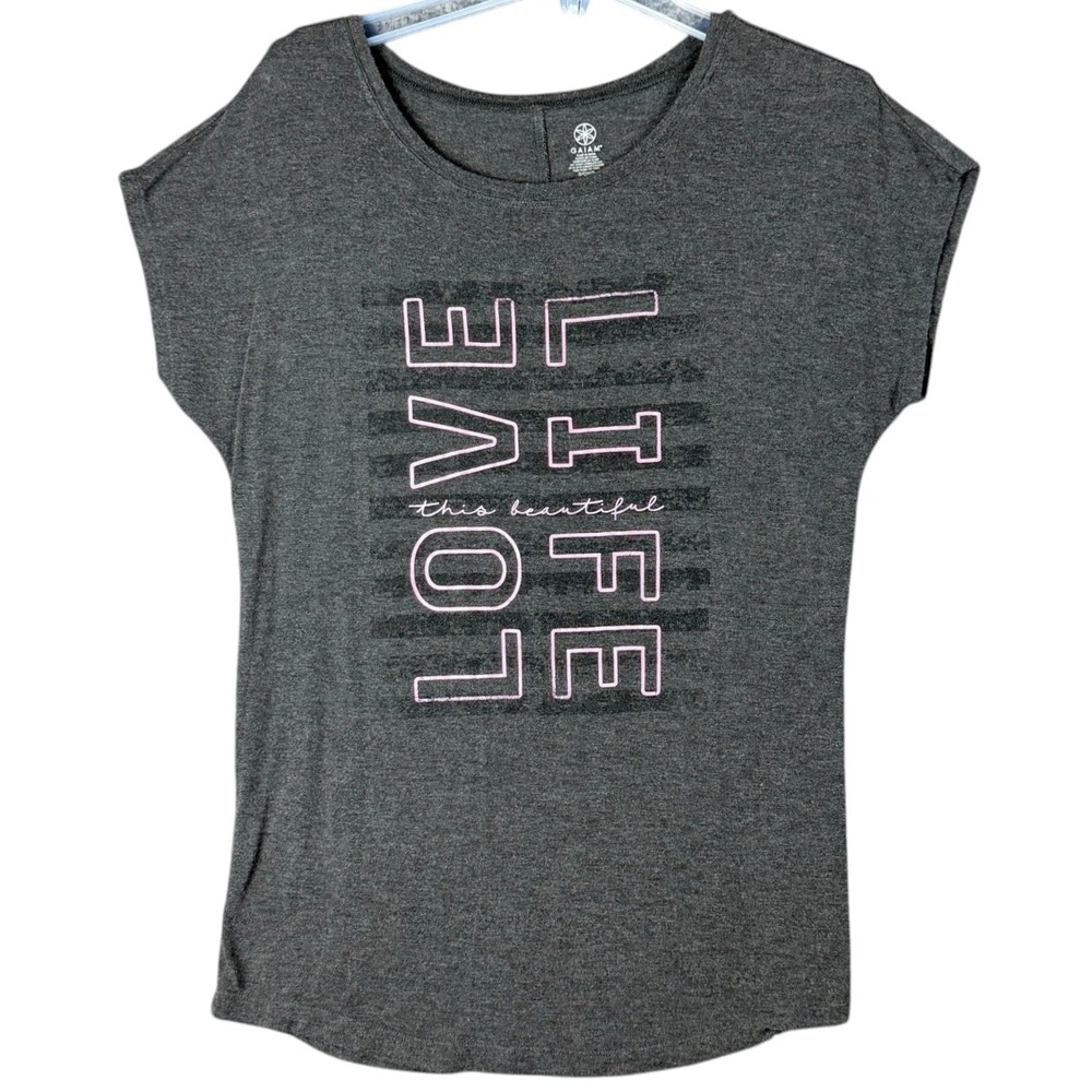 Gaiam Women's Size S Charcoal Grey Love Life Graphic Yoga Tee Casual YogaCore